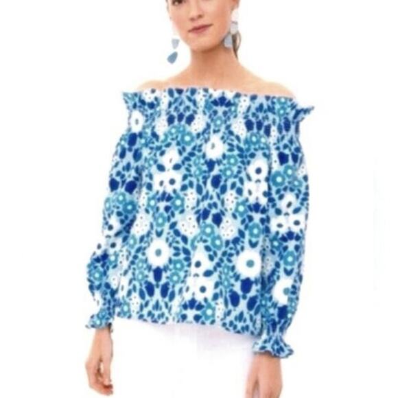 Tuckernuck Off Shoulder Marguerite Top Blouse Blue Floral Majolica XL Resort - Picture 1 of 7